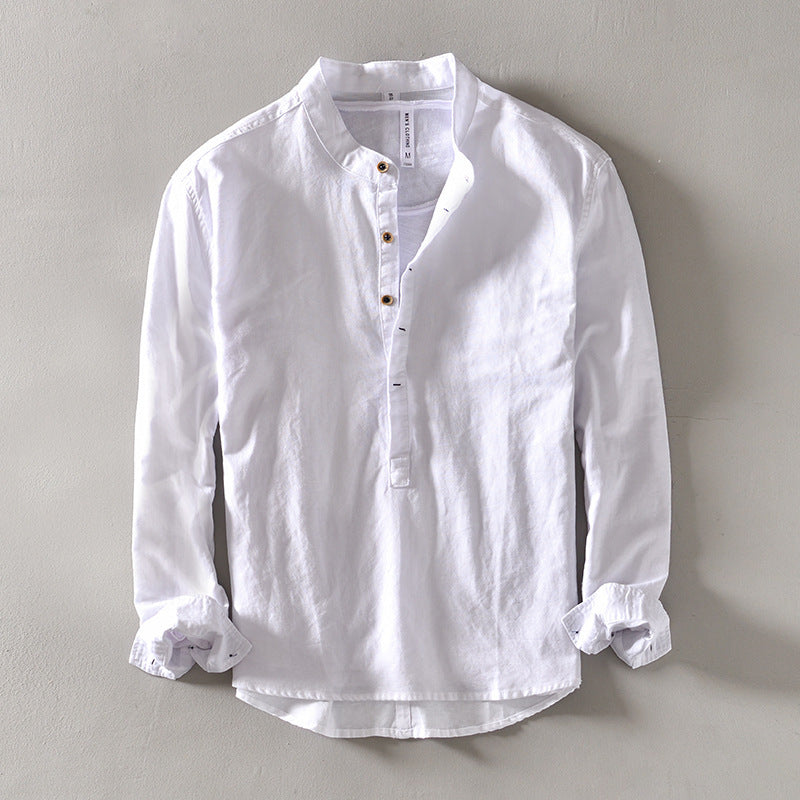 Men's Solid Color Stand Collar Casual Linen Shirt