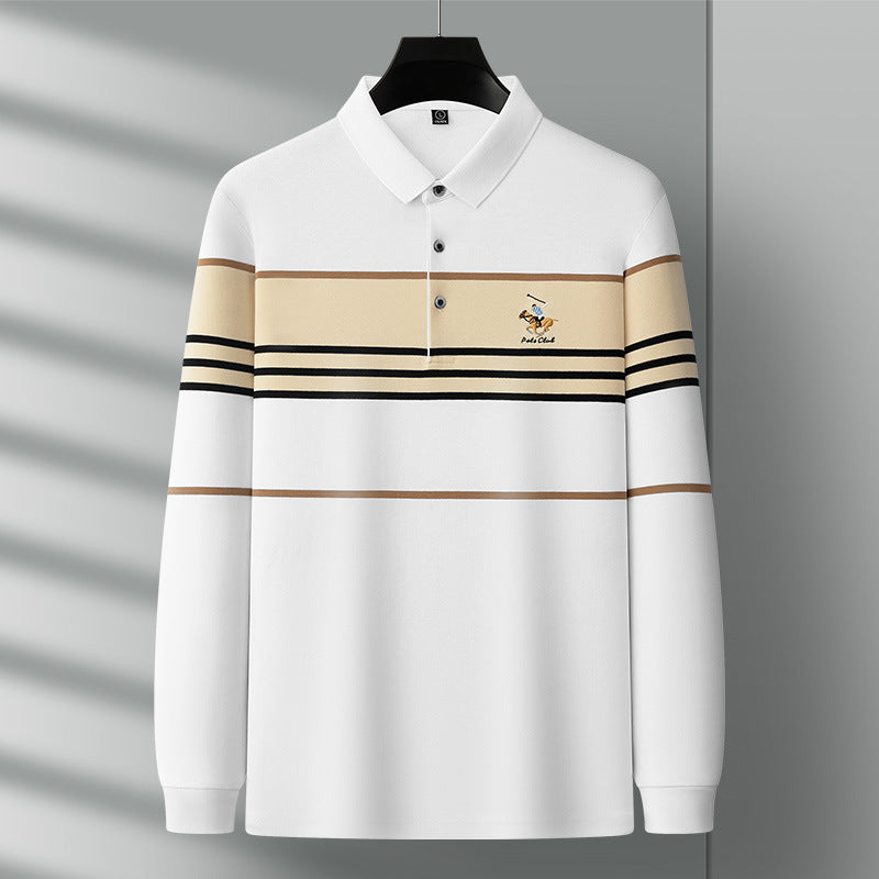 Men's Striped Cotton Lapel Business Casual Embroidered Long Sleeve POLO Shirt