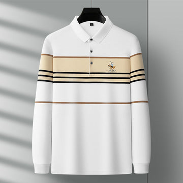 Men's Striped Cotton Lapel Business Casual Embroidered Long Sleeve POLO Shirt