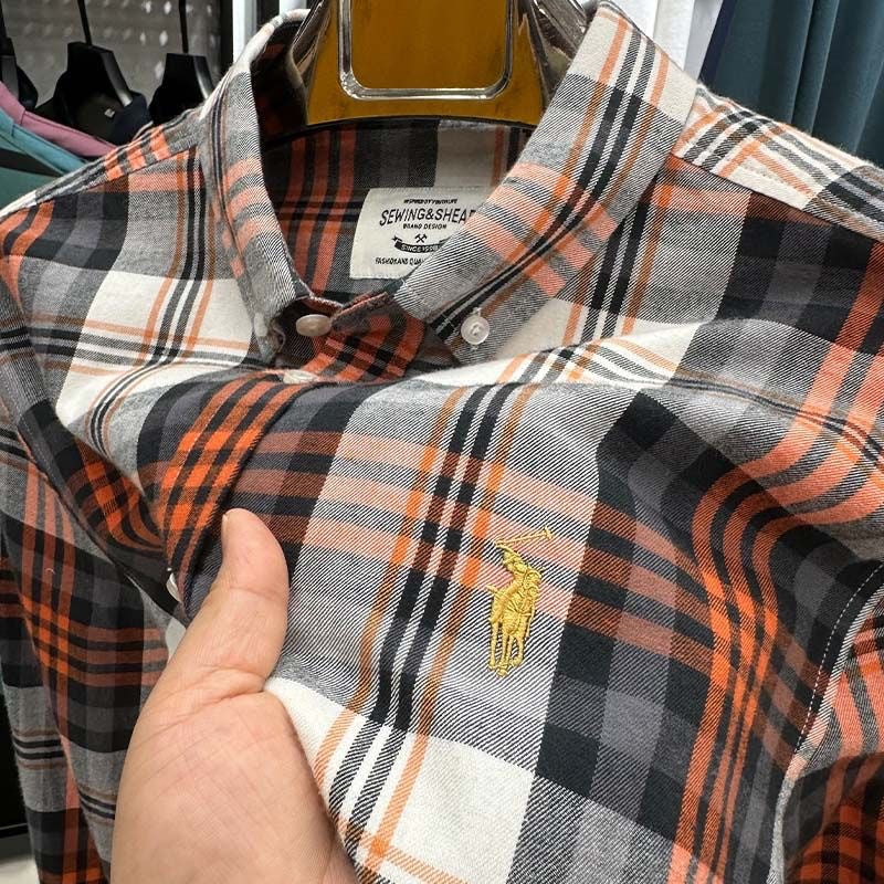 Men's 100% Cotton Business Casual Loose Plaid Embroidered Shirt