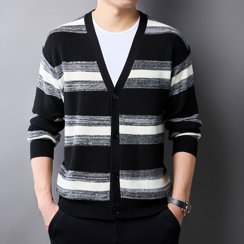 Men's Casual Retro Jacquard Striped V-neck Cardigan