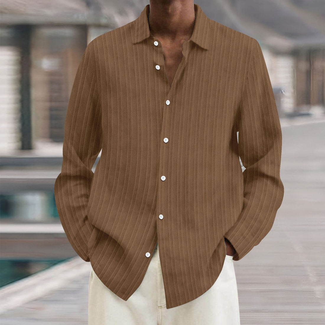 Men's Lapel Loose Button Cotton and Linen Striped Shirt