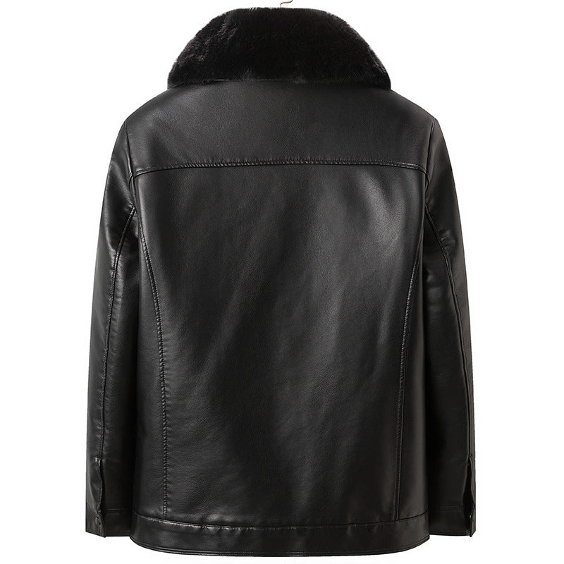 Men's Fleece Thick Fur Collar Leather Jacket