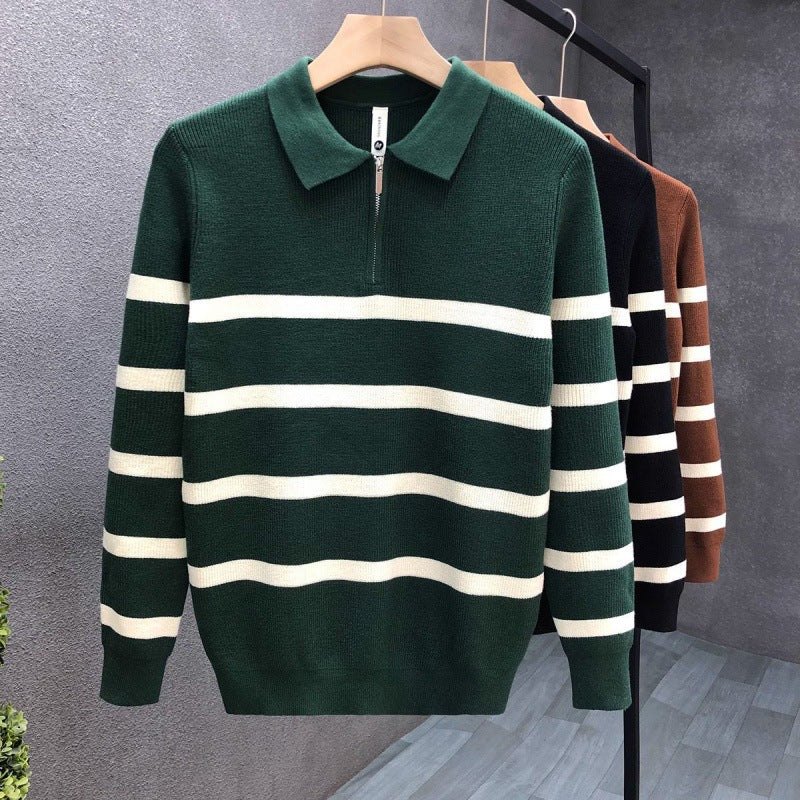 2023 New Men's Half Zipper Striped High-end Knitted Polo Shirt