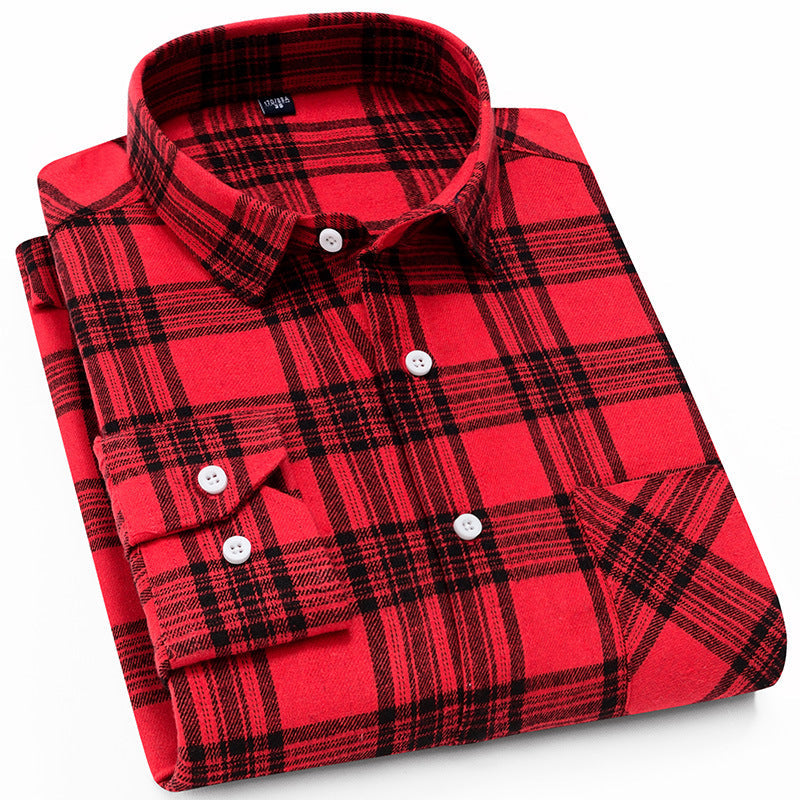 Men's New Polyester-cotton Brushed Plaid Casual Slim-fit Long-sleeved Shirt