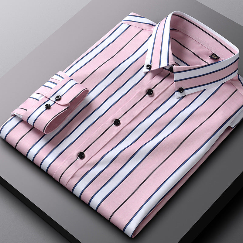 Men's Elastic Anti-wrinkle Casual Striped Long-sleeved Shirt