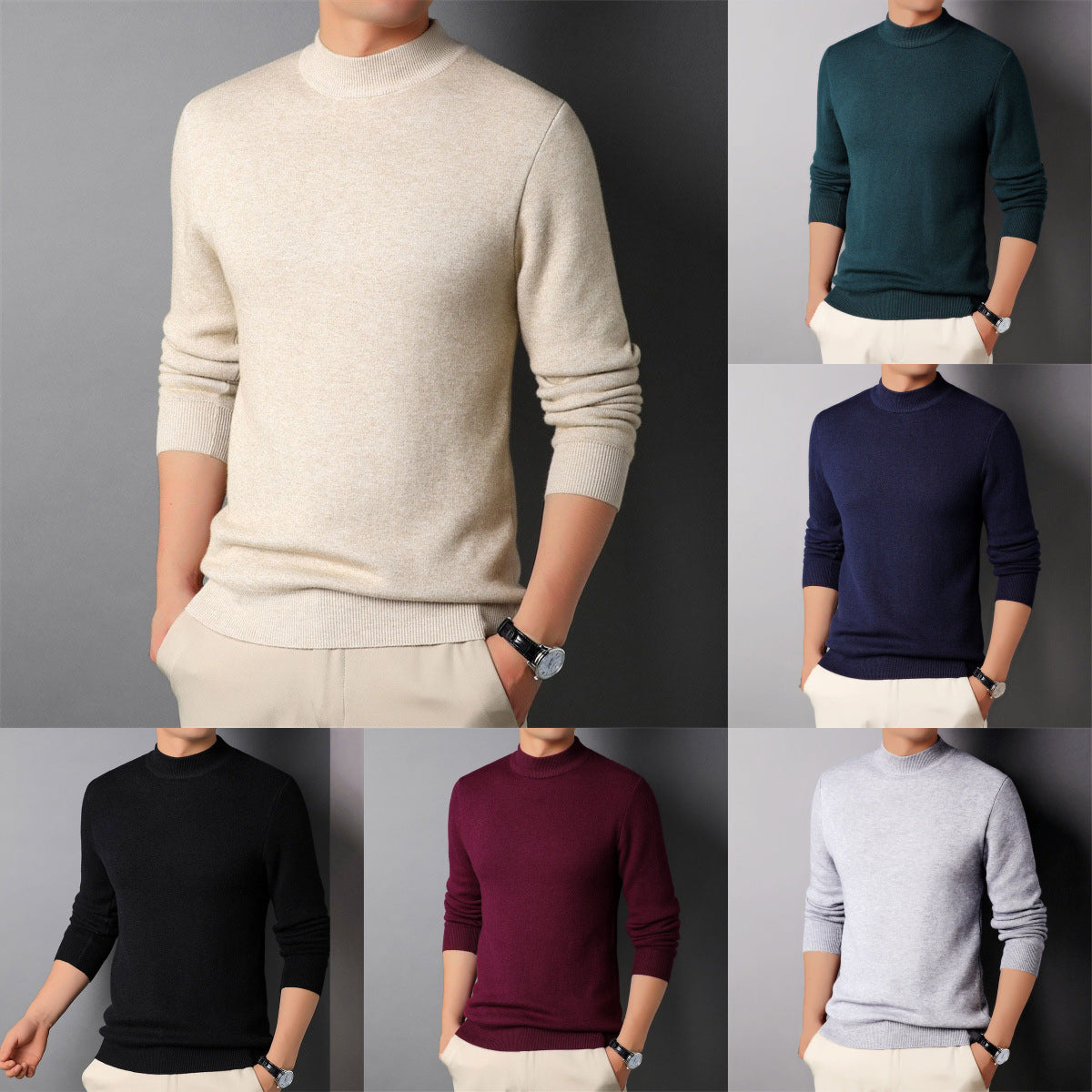 Men's Winter Solid Color Half Turtle Collar Slim Fit Stretch Knit Sweater