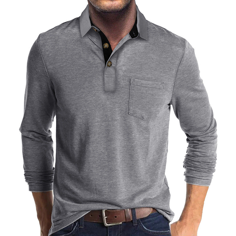 Long-sleeved solid color lapel casual polos