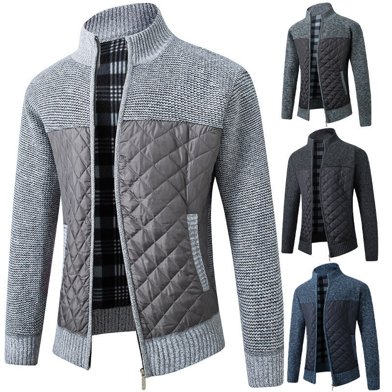 2024 Men's Stand Collar Striped Plaid Zipper Plus Velvet Fashionable Color Block Warm Knitted Jacket