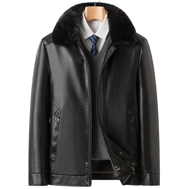 Men's Fleece Thick Fur Collar Leather Jacket