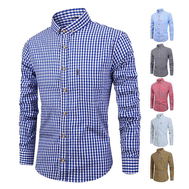 Breathable cotton long-sleeved plaid shirt