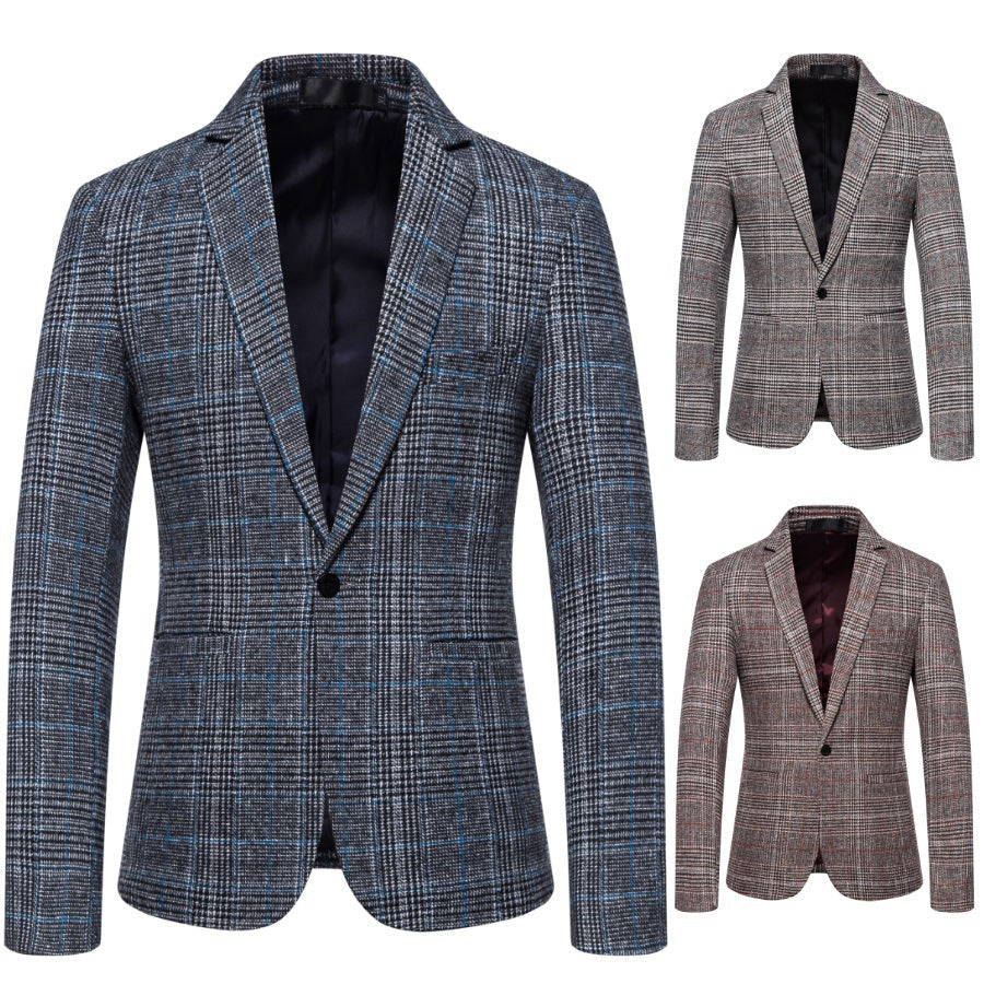 Men's Fashion Plaid Business Casual Woolen Blazer