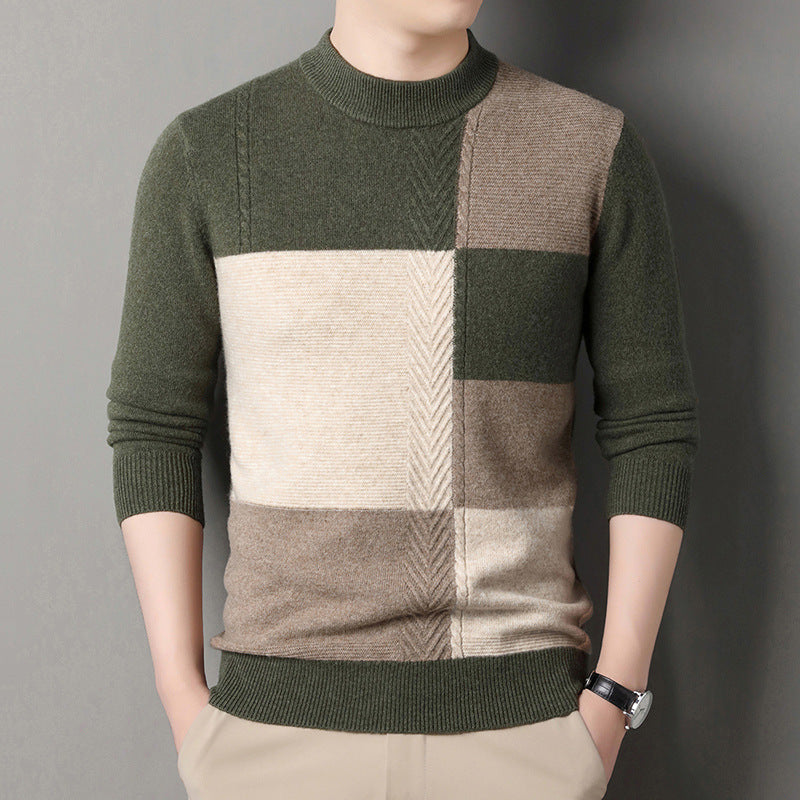 Men's Round Neck Color Matching Pullover High-end Pure Wool Sweater