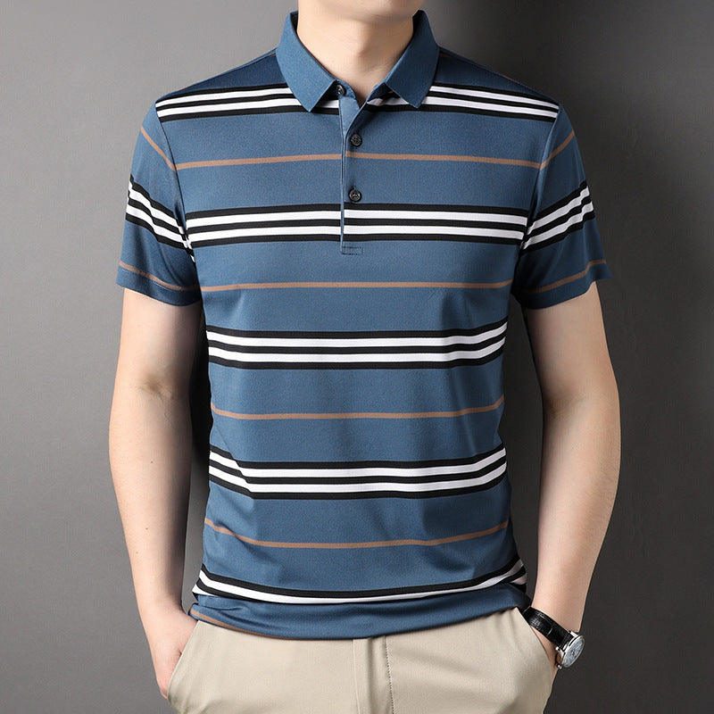 Color block striped men's lapel polo shirt