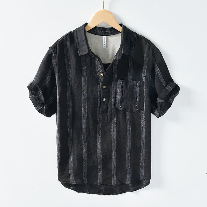 Pure Linen Stripe Half Sleeve Shirt