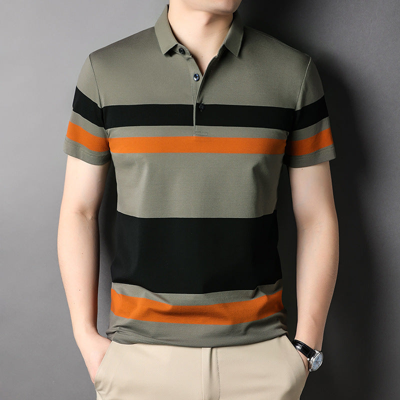 Contrasting striped lapel short-sleeved polo shirt