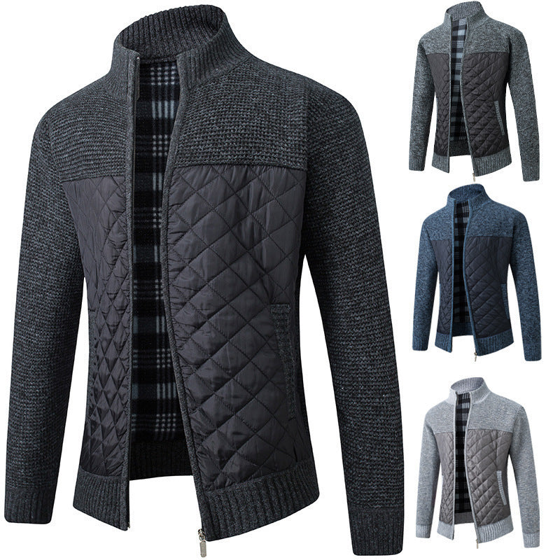 2024 Men's Stand Collar Striped Plaid Zipper Plus Velvet Fashionable Color Block Warm Knitted Jacket