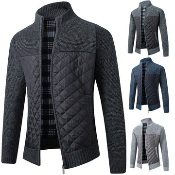 2024 Men's Stand Collar Striped Plaid Zipper Plus Velvet Fashionable Color Block Warm Knitted Jacket