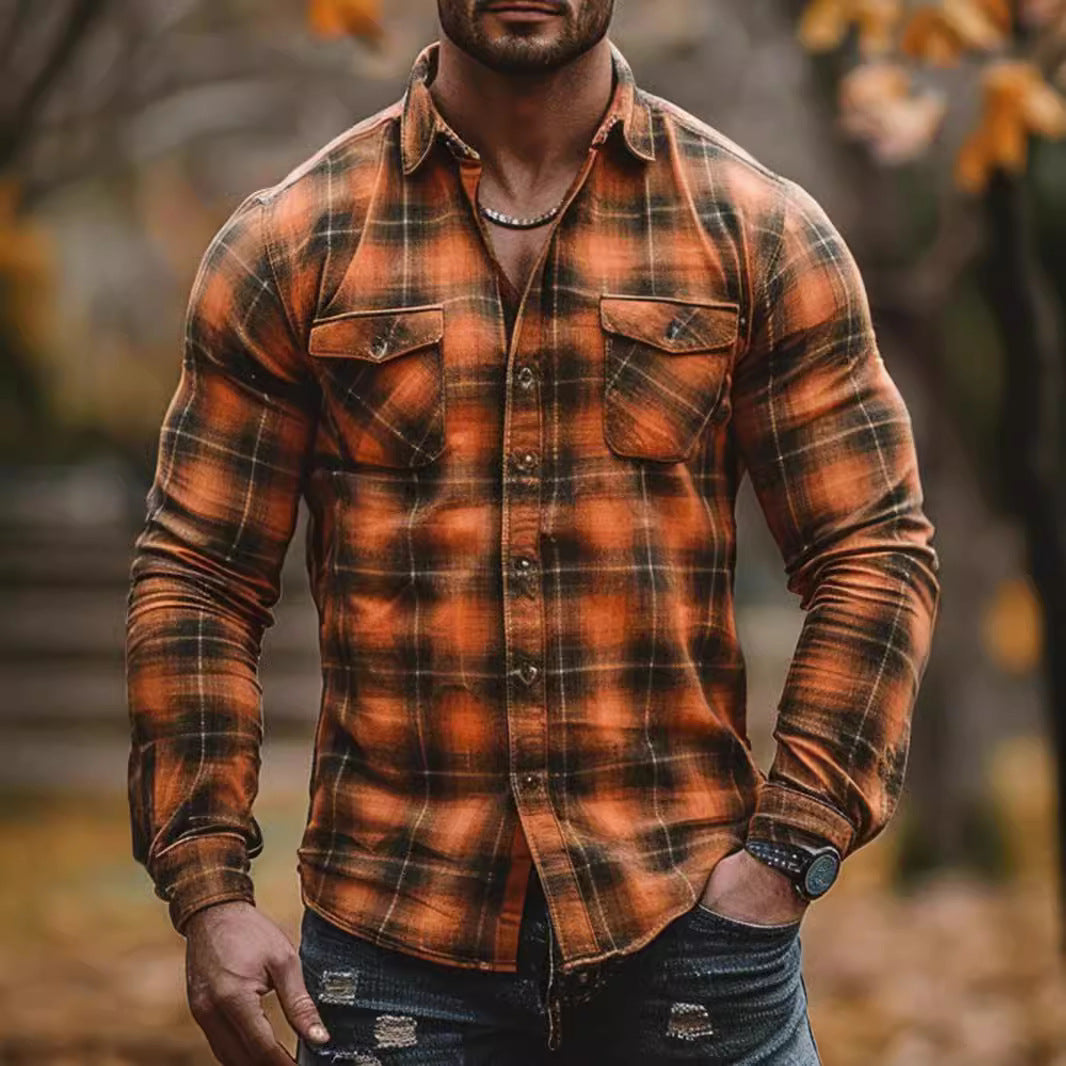 Men's New Plaid Print Velvet Shirt