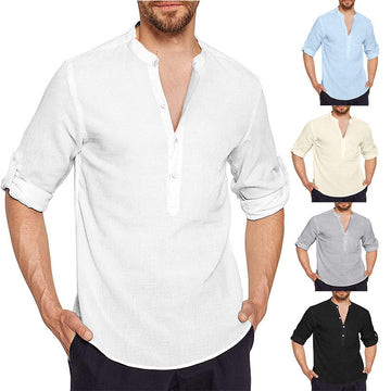 Men's Stand Collar Casual Solid Color Loose Cotton and Linen Shirt