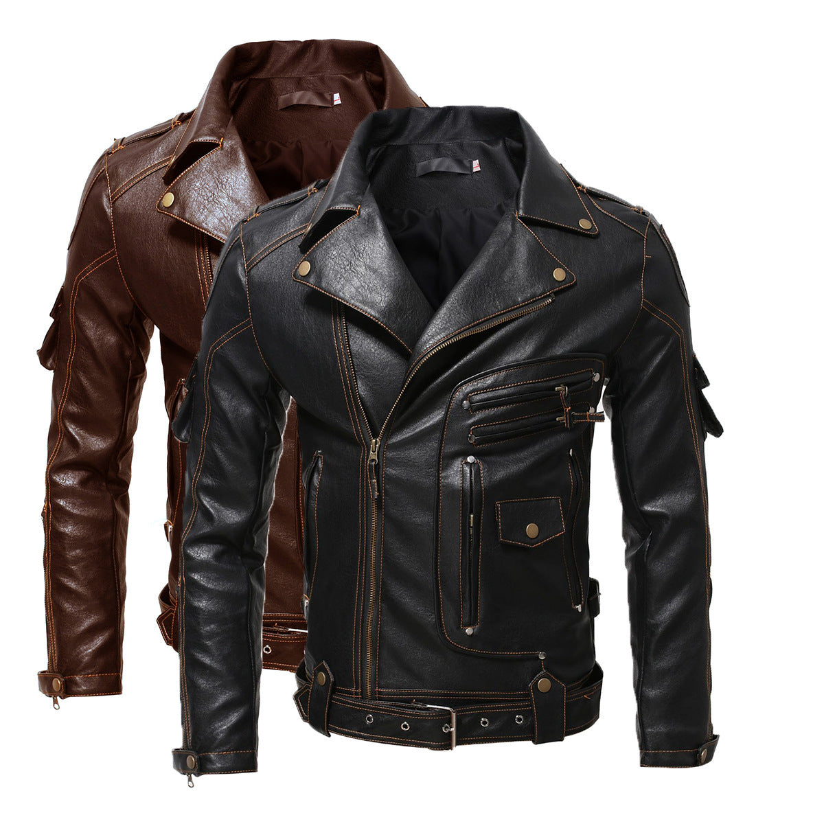 Men's New Slim Fit Multi-pocket Zipper Leather Jacket