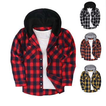 2024 New Loose Casual Flannel Long-sleeved Hooded Plaid Shirt