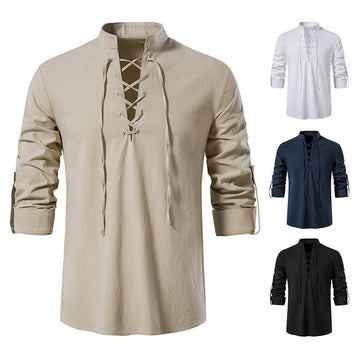 Men's V-neck Lace-up Cotton and Linen Loose Casual Stand-collar Shirt