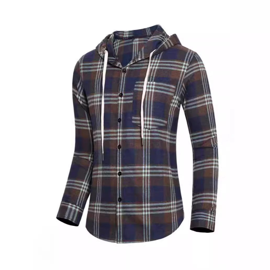 Men's Casual Plaid Hooded Long Sleeve Shirt