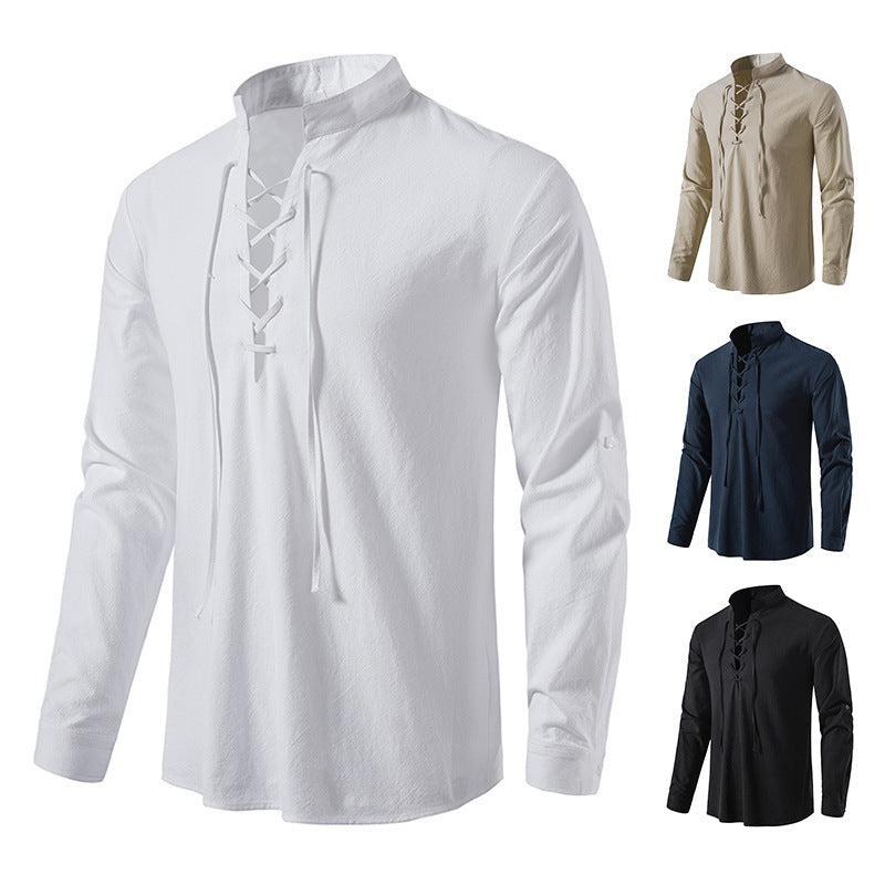 Men's V-neck Lace-up Cotton and Linen Loose Casual Stand-collar Shirt