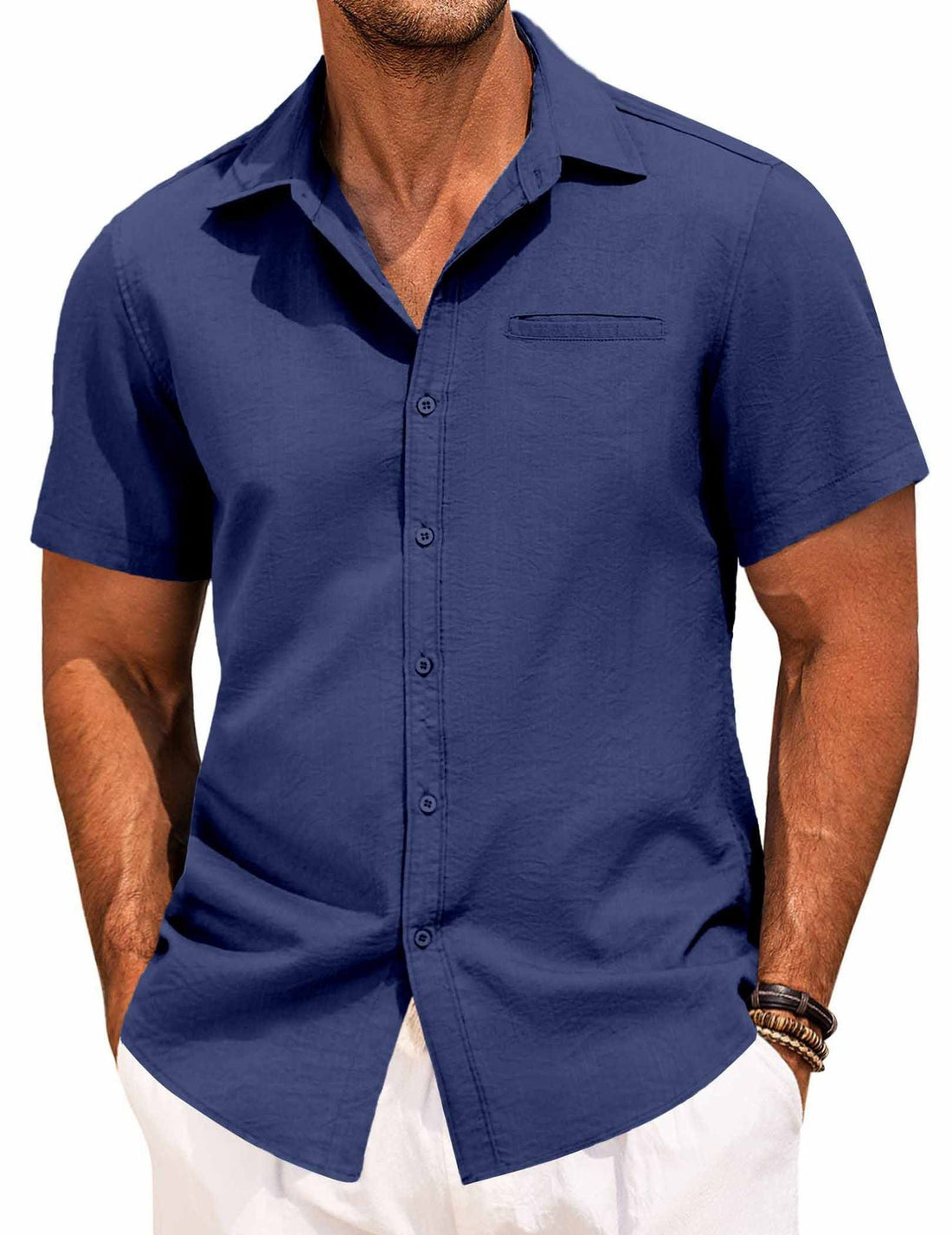 Men's Lapel Solid Color Short Sleeve Button Shirt