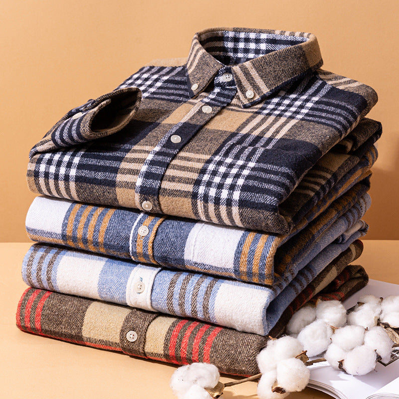 Men's Long-sleeved Brushed Casual Retro Plaid Shirt