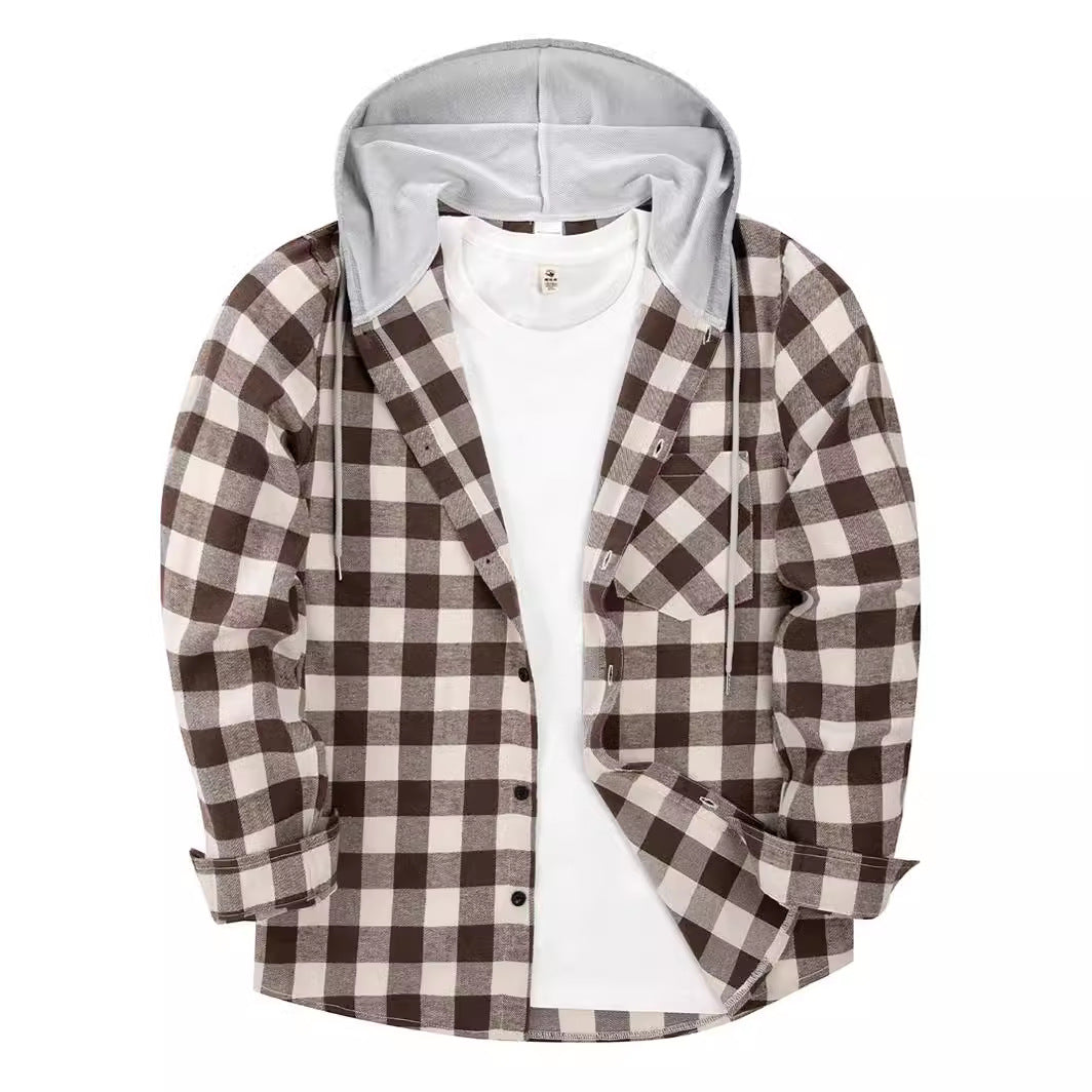 Men's 2024 New Loose Casual Long-sleeved Hooded Plaid Shirt