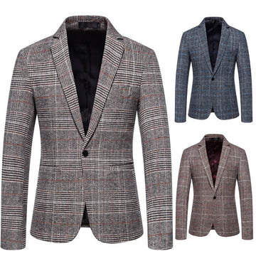 Men's Fashion Plaid Business Casual Woolen Blazer