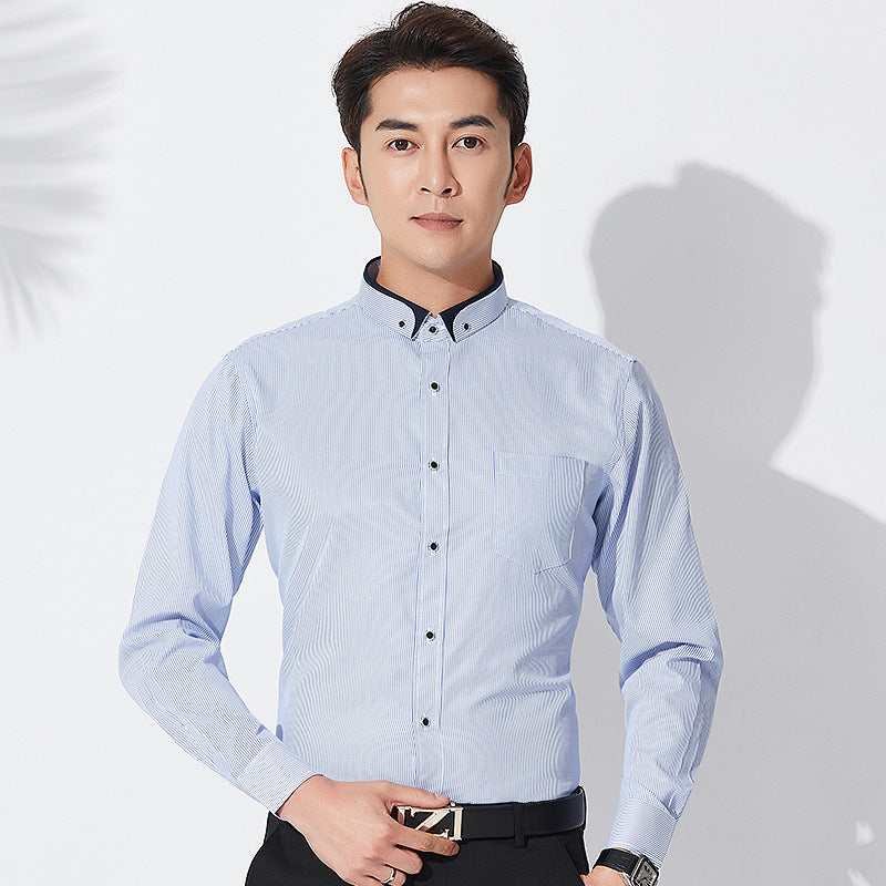 Men's Stand Collar Formal Casual Business Cotton Striped Shirt