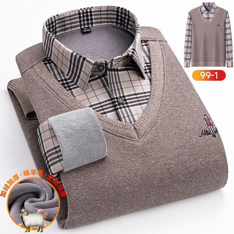 2023 Men's Business Casual Knitted Stretch Wool Fake Two-Piece Warm Shirt