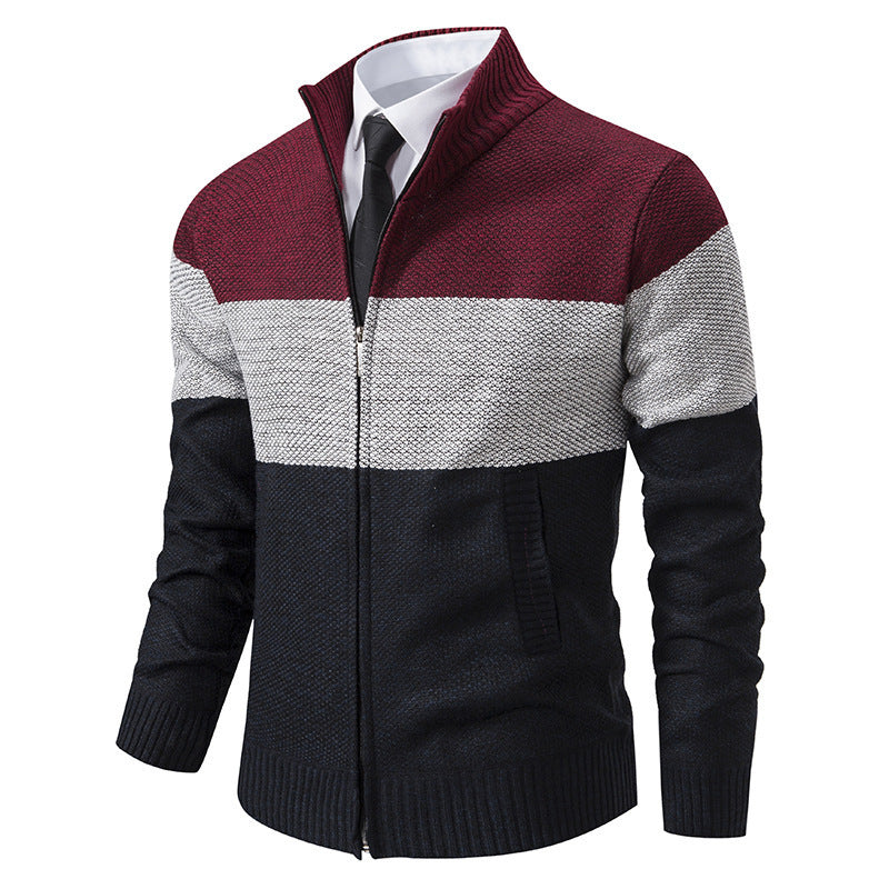 Men's Stand Collar Color Matching Plus Velvet Thickened Knitted Jacket