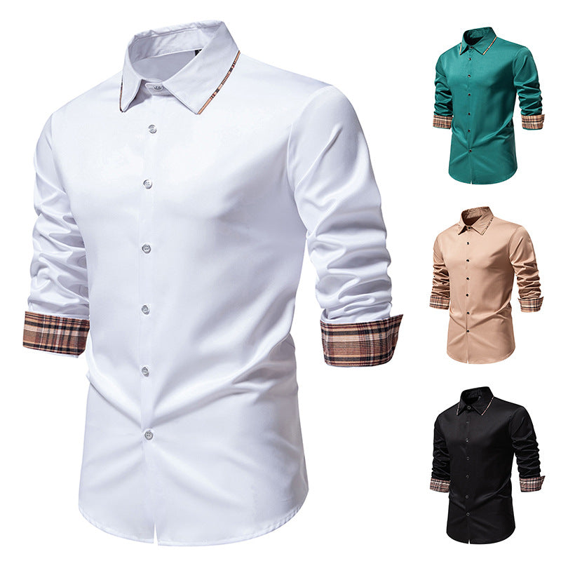 Men's New Plaid Color Matching Fashionable Slim Business Casual Long-sleeved Shirt