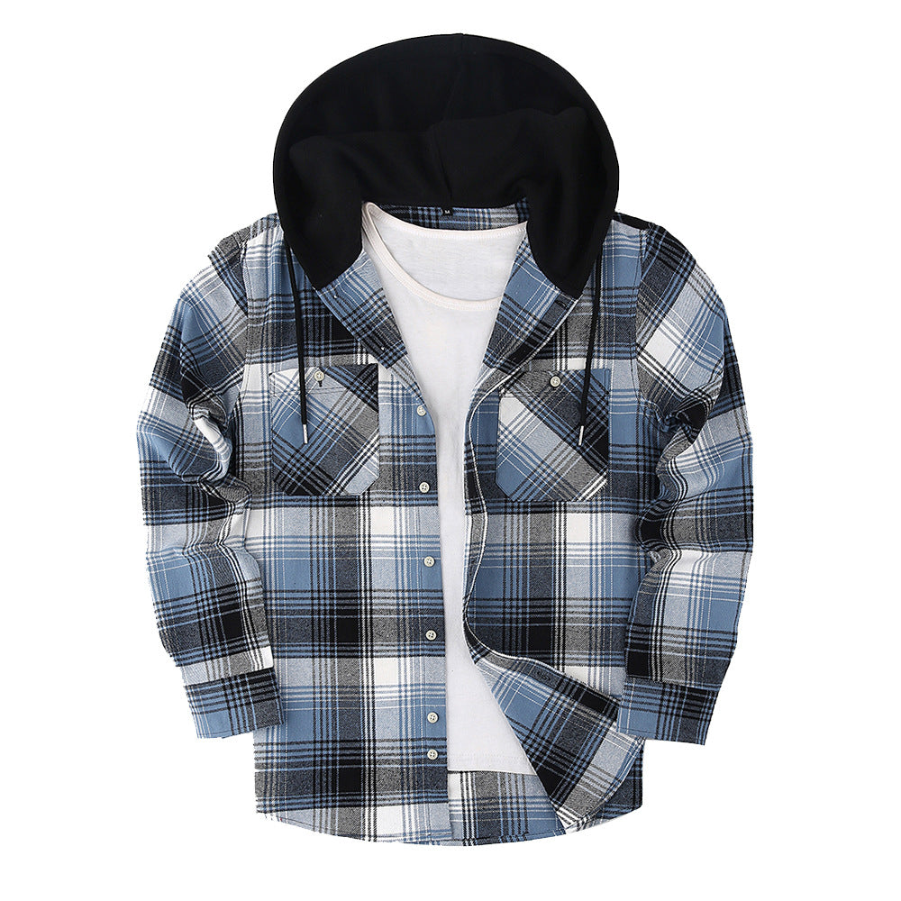 2024 New Loose Casual Flannel Long-sleeved Hooded Plaid Shirt