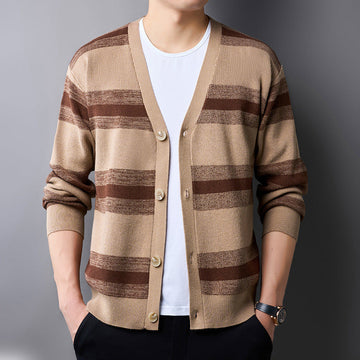 Men's Casual Retro Jacquard Striped V-neck Cardigan