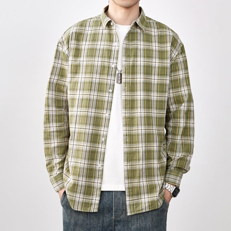 Men's Spring 2024 100% Cotton Loose Plaid Striped Shirt