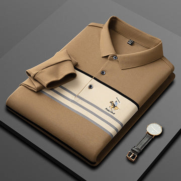 Men's Pure Cotton Striped Lapel Versatile Long-sleeved POLO Shirt