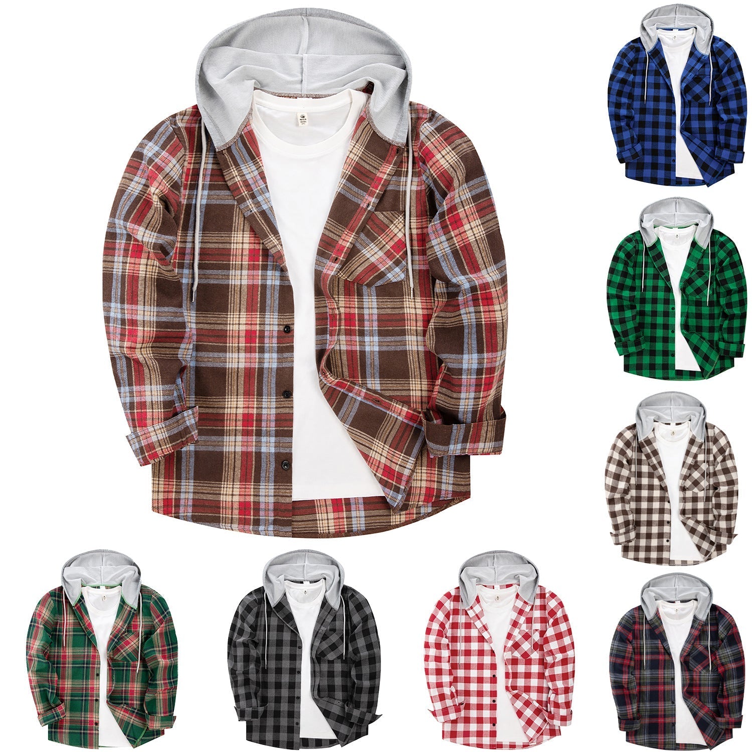 Men's 2024 New Loose Casual Long-sleeved Hooded Plaid Shirt