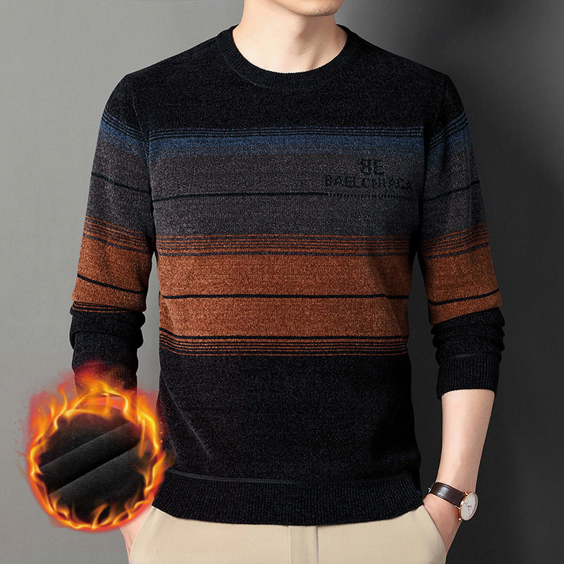 Winter Men's Fleece Striped Print Sweater