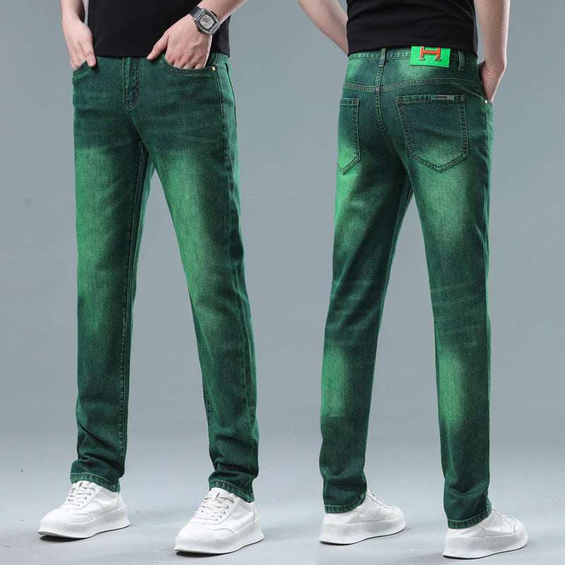 Men's High-end Slim Straight Green Jeans