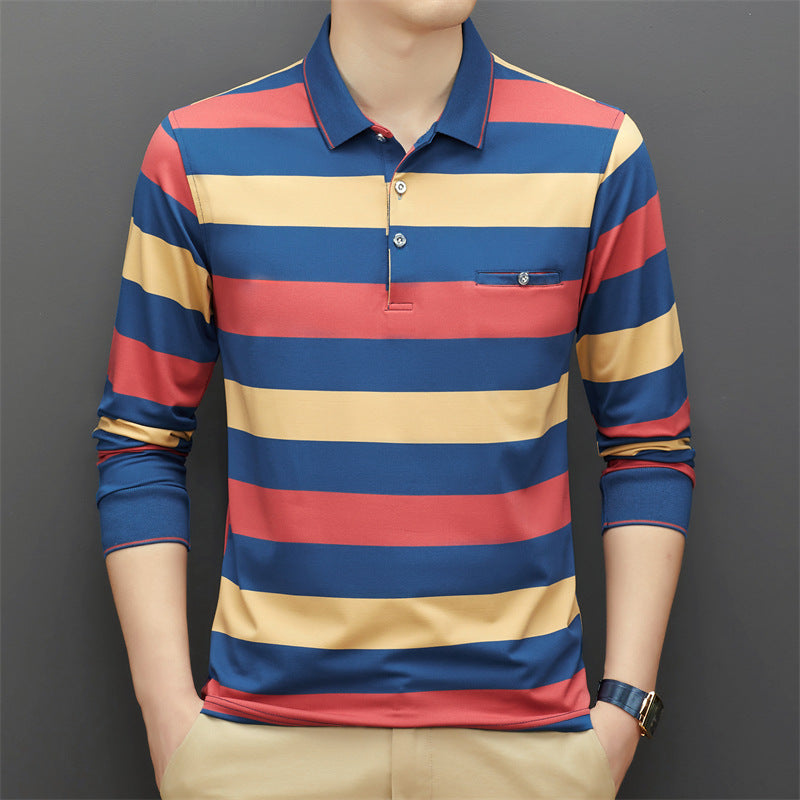 Men's long sleeve striped lapel casual polo shirt