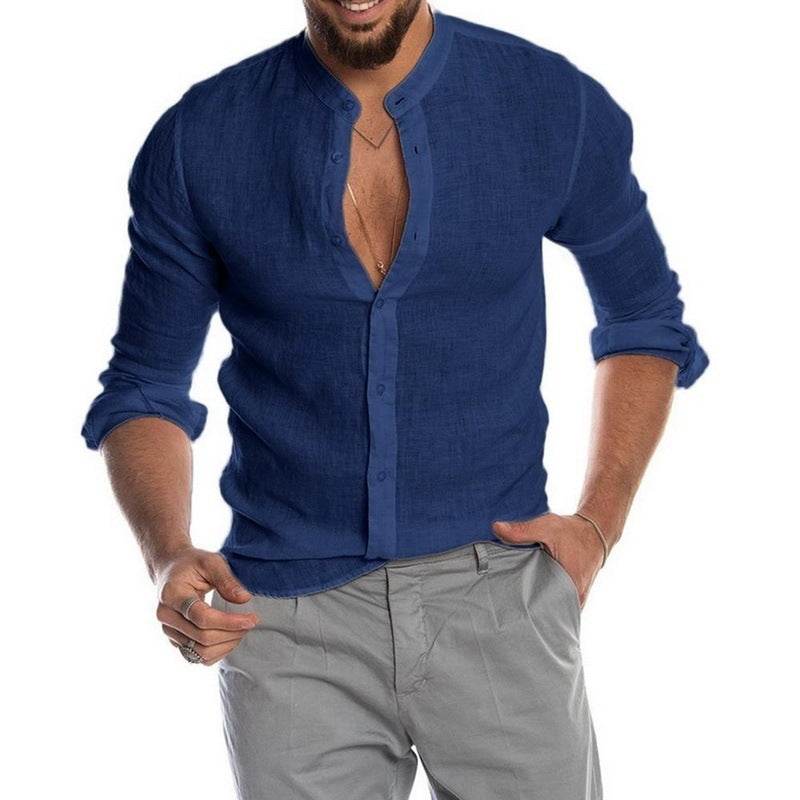 Men's Solid Color Stand Collar Casual Long Sleeve Shirt