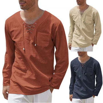 New Style Men's Cotton and Linen Fashion Casual Lace-up V-neck Long-sleeved Shirt