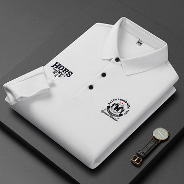 Men's Long Sleeve Lapel Embroidered Silk Cotton POLO Shirt