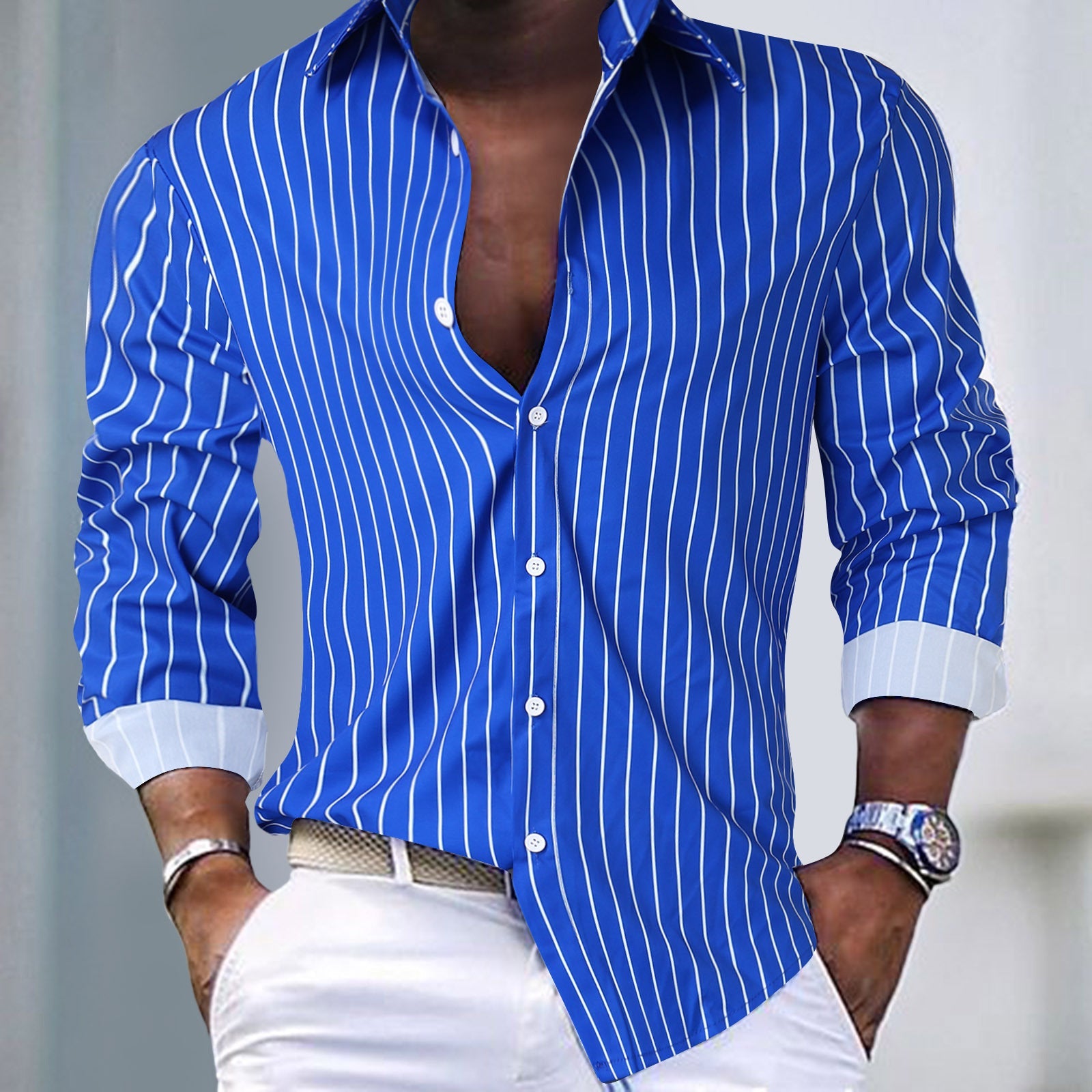 Men's Striped Lapel Striped Long Sleeve Shirt