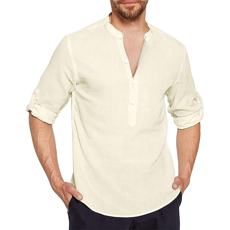 Men's Stand Collar Casual Solid Color Loose Cotton and Linen Shirt